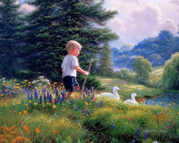 Junge und Ente Landschaft Haustier Kinder